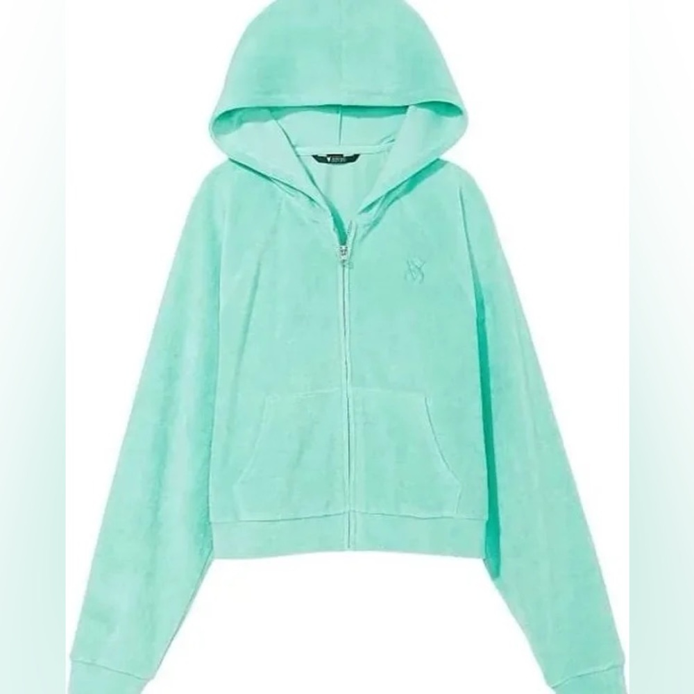 Victoria’s Secret Tourquoise Blue Green Cropped Zip-Up Sweater Terry Cloth Sz XS - Picture 2 of 16
